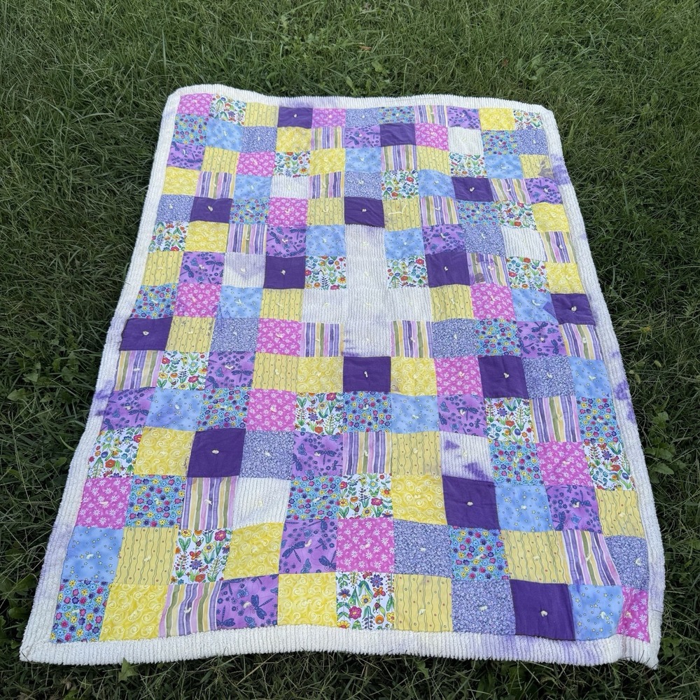 Handmade Patchwork Quilt 65x50 Tied Floral Dragonfly Lap Blanket Cottagecore